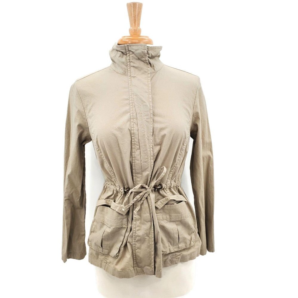 Womens Full Zip Utility‎ Jacket Size S Tie Waist Khaki Boho Lightweight Vintage